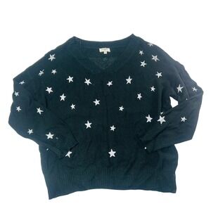 Umgee USA Black Silver Glitter Star V-Neck Knit‎ Sweater Womens Size M A6082